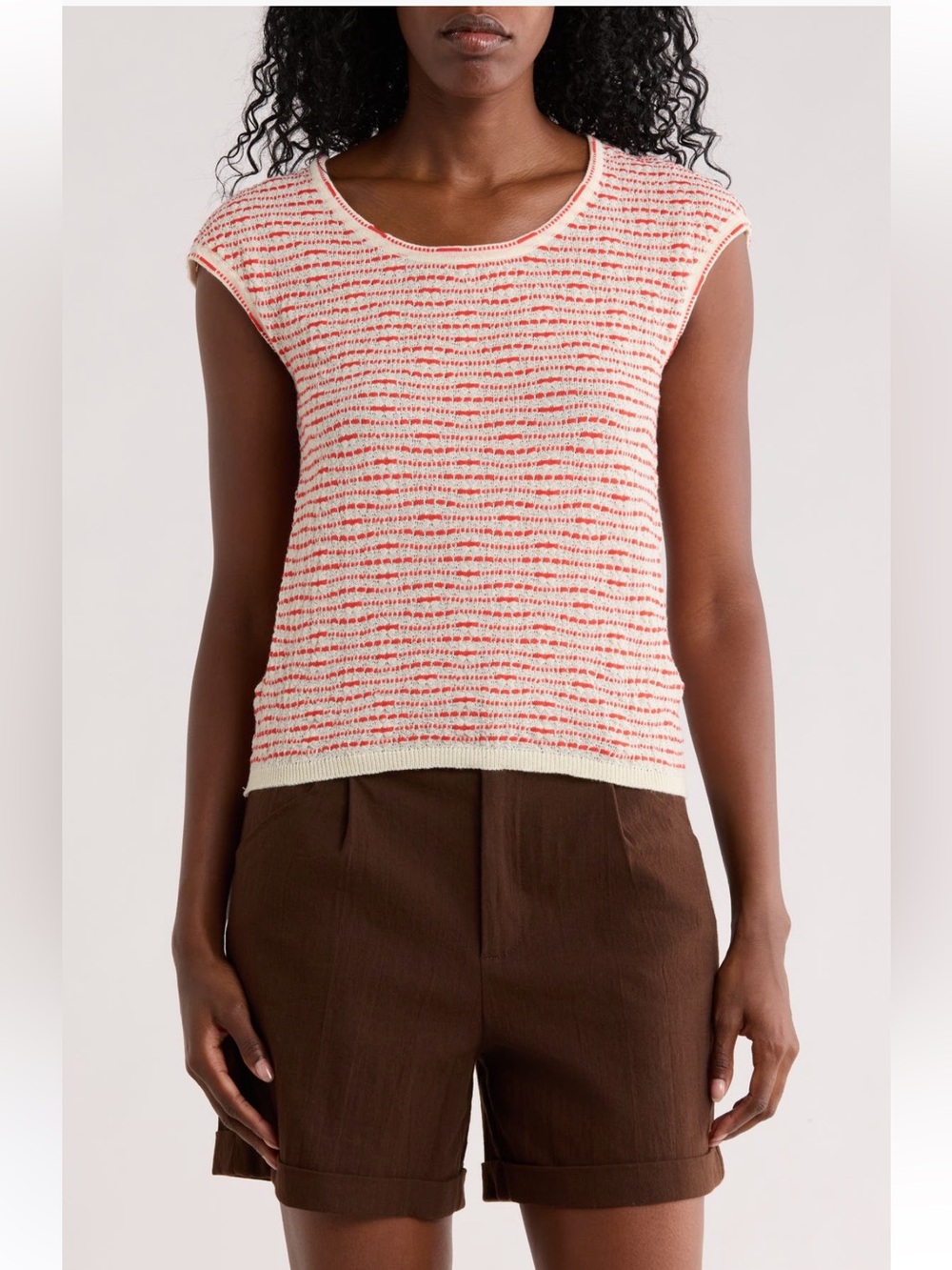 MAX STUDIO || Dotted & Striped Cap-Sleeve Sweater, modest crop/short waisted
